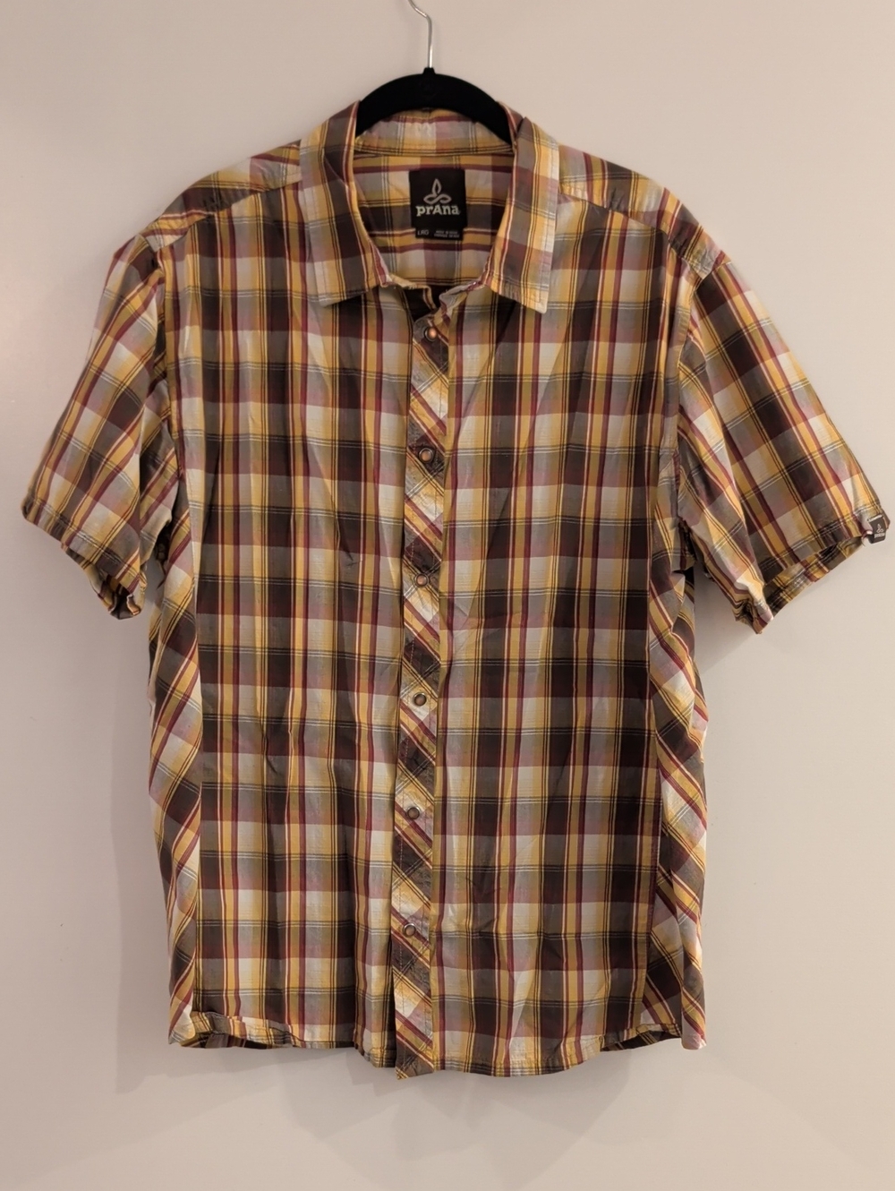 Prana Western Plaid Snap Down Short Sleeve Collared Shirt Size Large